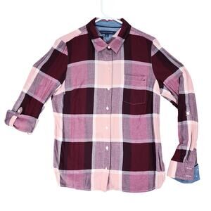 Tommy Hilfiger Button Up Shirt sz M Women Buffalo Plaid Red Purple Pink Roll Tab